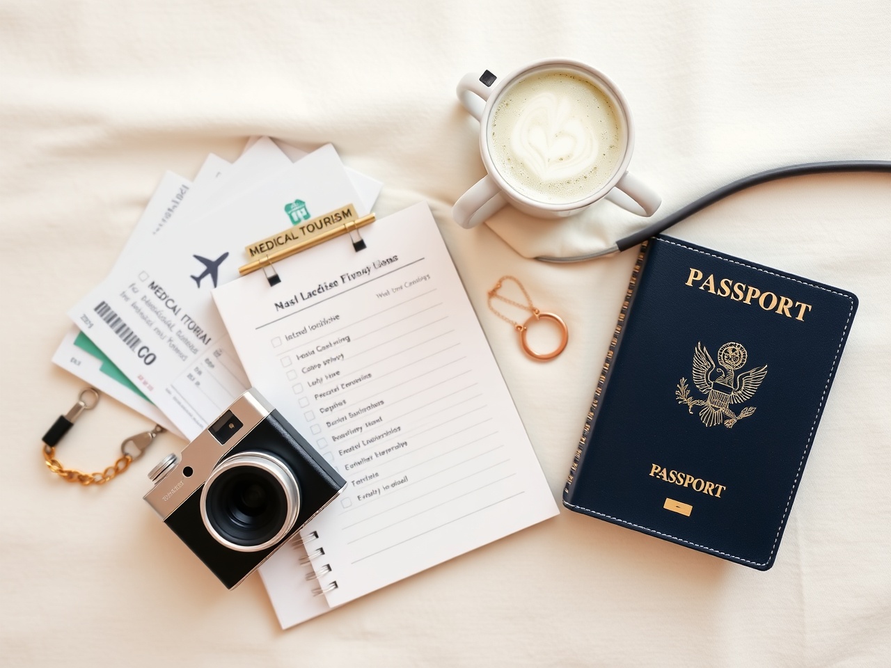 Flat-lay of travel essentials for medical tourism