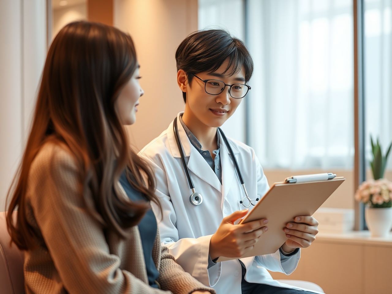 Patient consultation scene with a doctor reviewing clinical notes